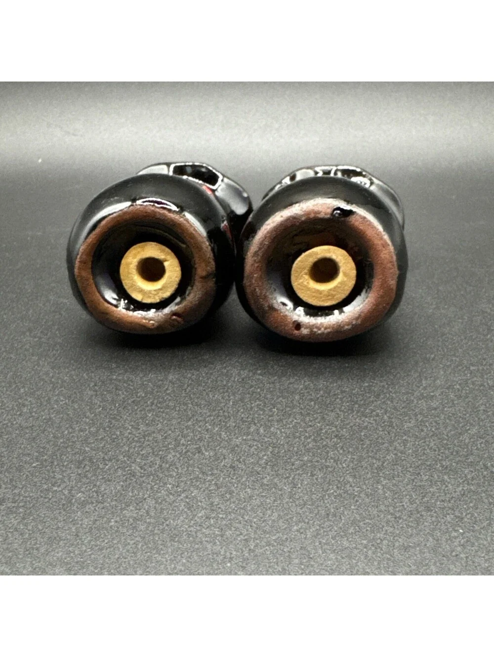 Vintage Black Ceramic Sack Salt and Pepper Shakers Red Bow Handled Set